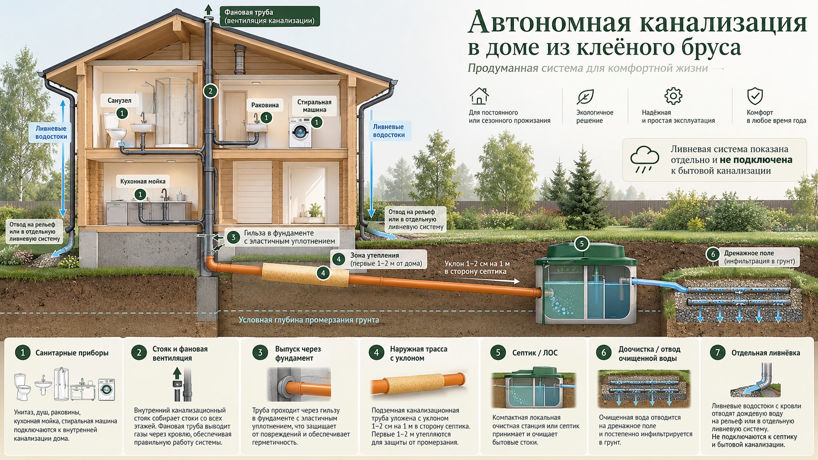 Схема автономной канализации дома из клеёного бруса